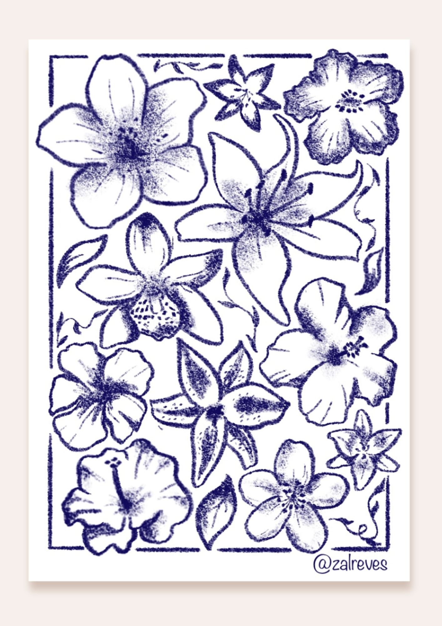 Lámina de flores en tinta azul